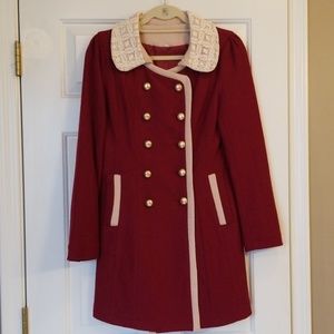 Burgundy Wool Pea Coat with Pearl Beading